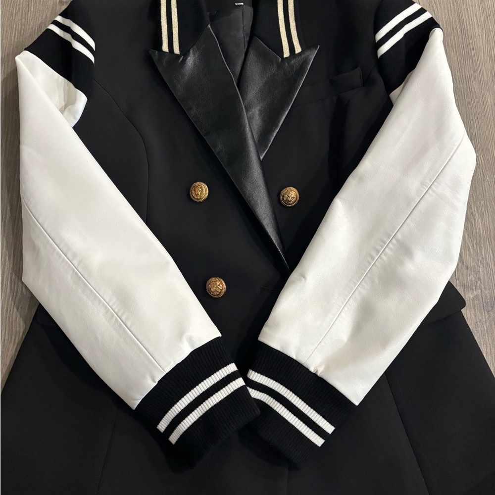 Black and White Double-Breasted Varsity Blazer Jacket
